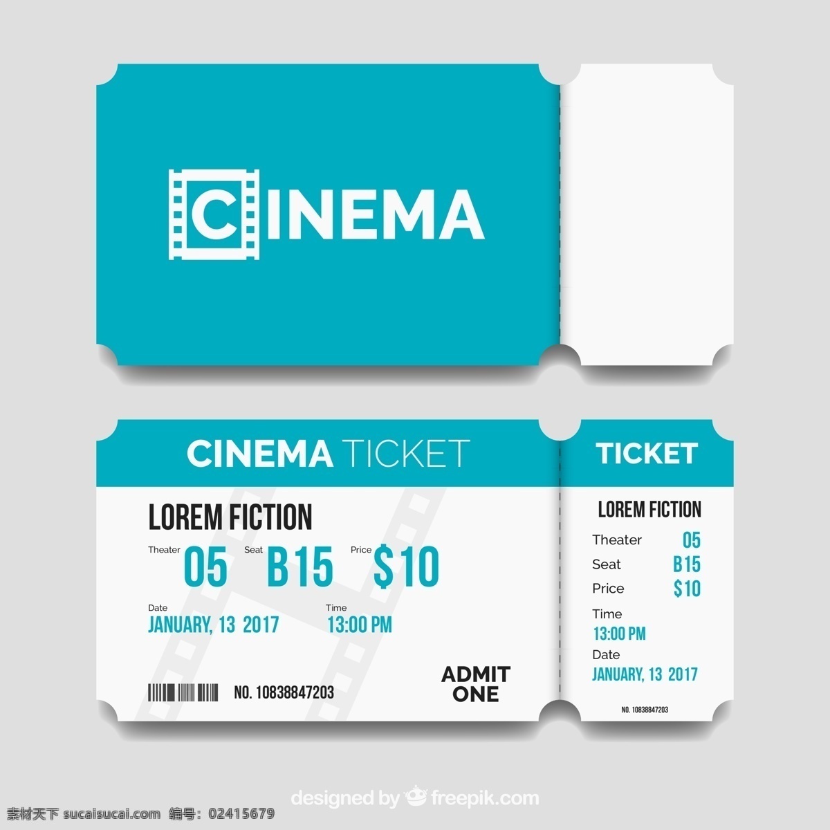 蓝色 单人 电影票 时间 地点 电影 单人票 电影院 座位 包装设计