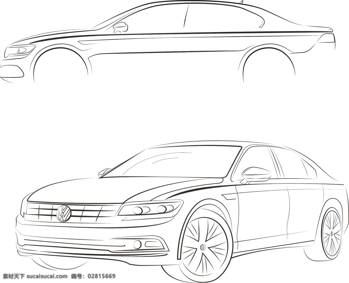 大众车线稿 大众cc 大众 轿车 线稿 cc 侧面 45度角 素描