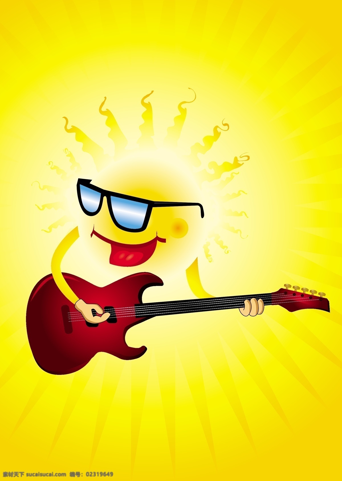 矢量 音乐 吉他 卡通 太阳 背景 放射线 光芒 光线 矢量素材
