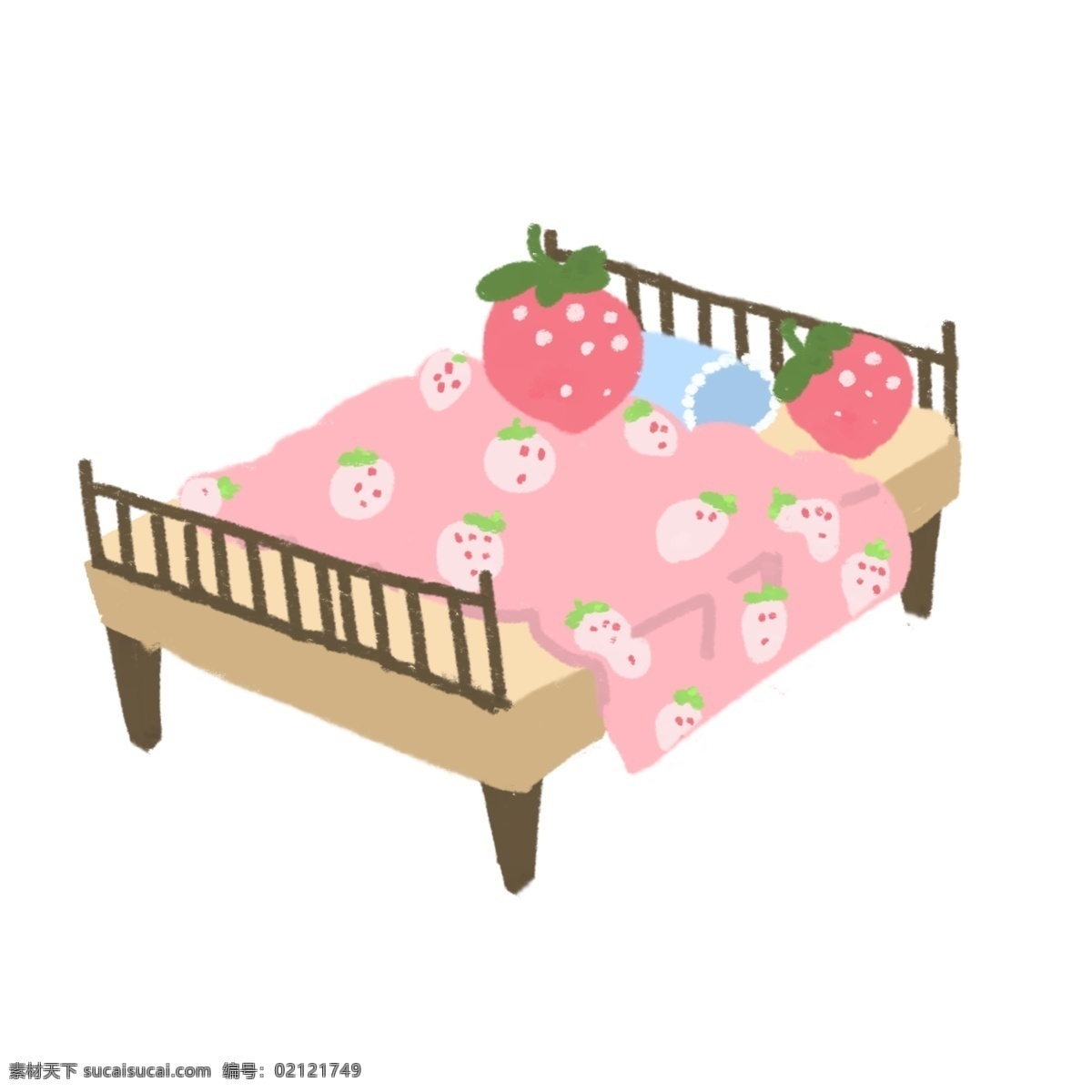 矢量 手绘 卡通 床 插画 室内 家具 家居 抱枕 浅色 软装设计 配饰装饰 粉色 女生房间 女生的床 草莓抱枕
