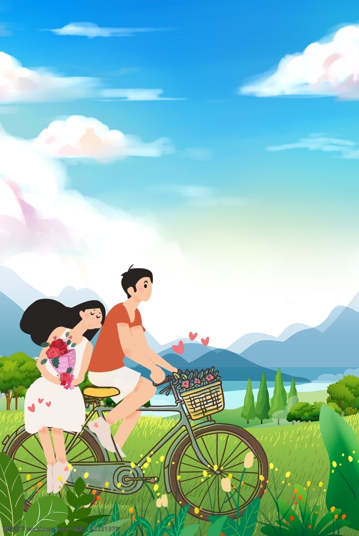 蓝色 手绘 表白 日 情侣 郊游 远山 背景 表白日 户外背景 骑单车的情侣 山坡 蓝天 白云 花朵 520