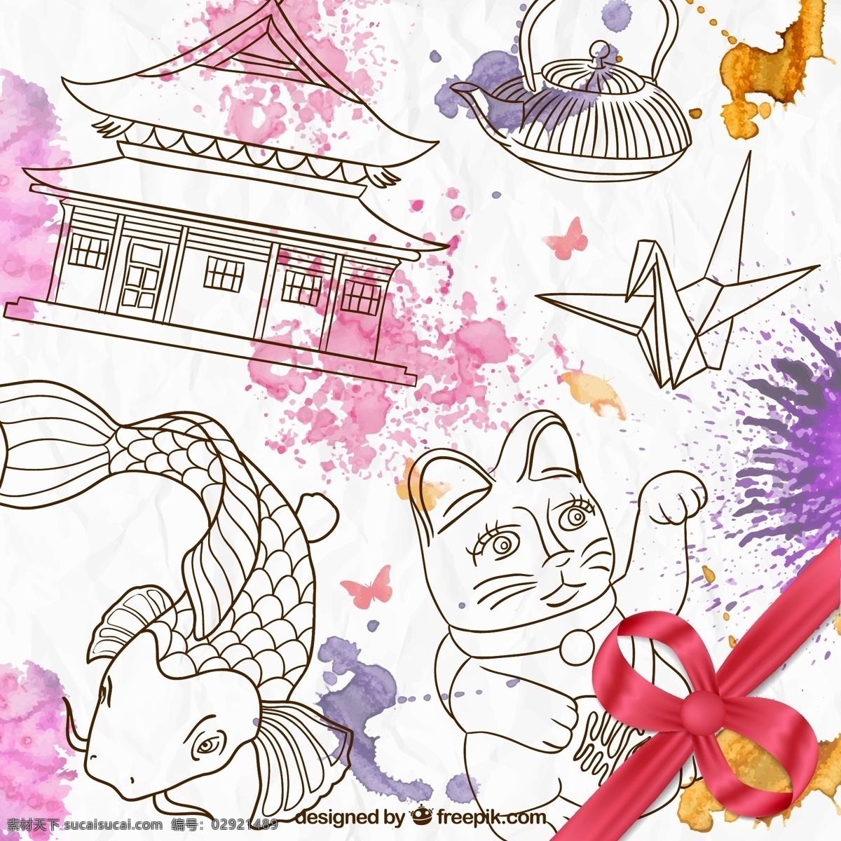 日本元素 创意 日本 无缝背景 折扇 鱼 鲤鱼 灯笼 水壶 千纸鹤 花卉 花朵 寿司 紫菜卷 平面素材 白色