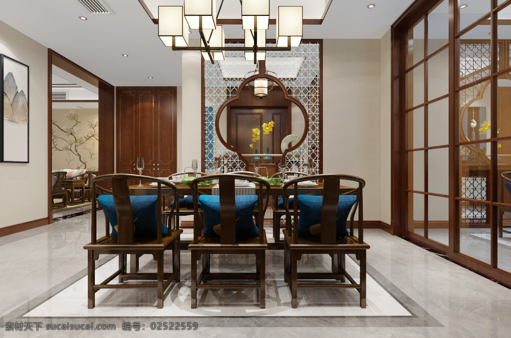 新 中式 餐厅 室内 装饰装修 效果图 装饰画 餐桌 室内装修 室内设计 3d模型 新中式风格 新中式餐厅 餐厅效果图 边柜 中式吊灯 镂空隔断