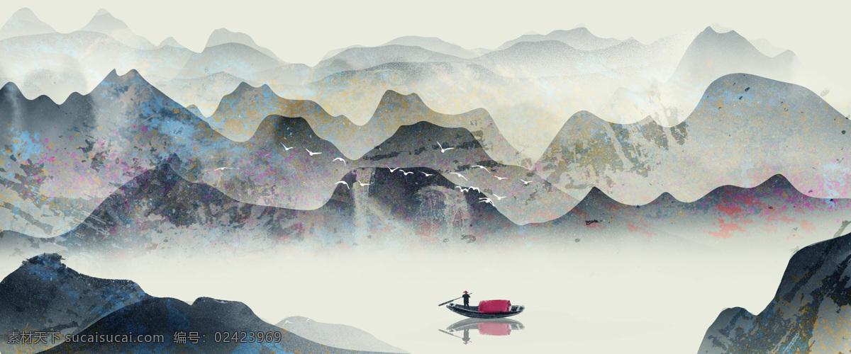 山水画 山水 国画 古风 中国风 意境 大气 磅礴 小舟 笔墨