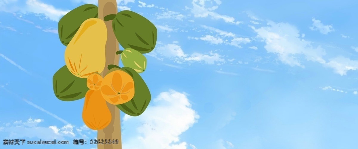 木瓜 树 季节 水果 促销 海报 背景 蓝色 清新 日系 活动 美食 夏季 创意 木瓜季节