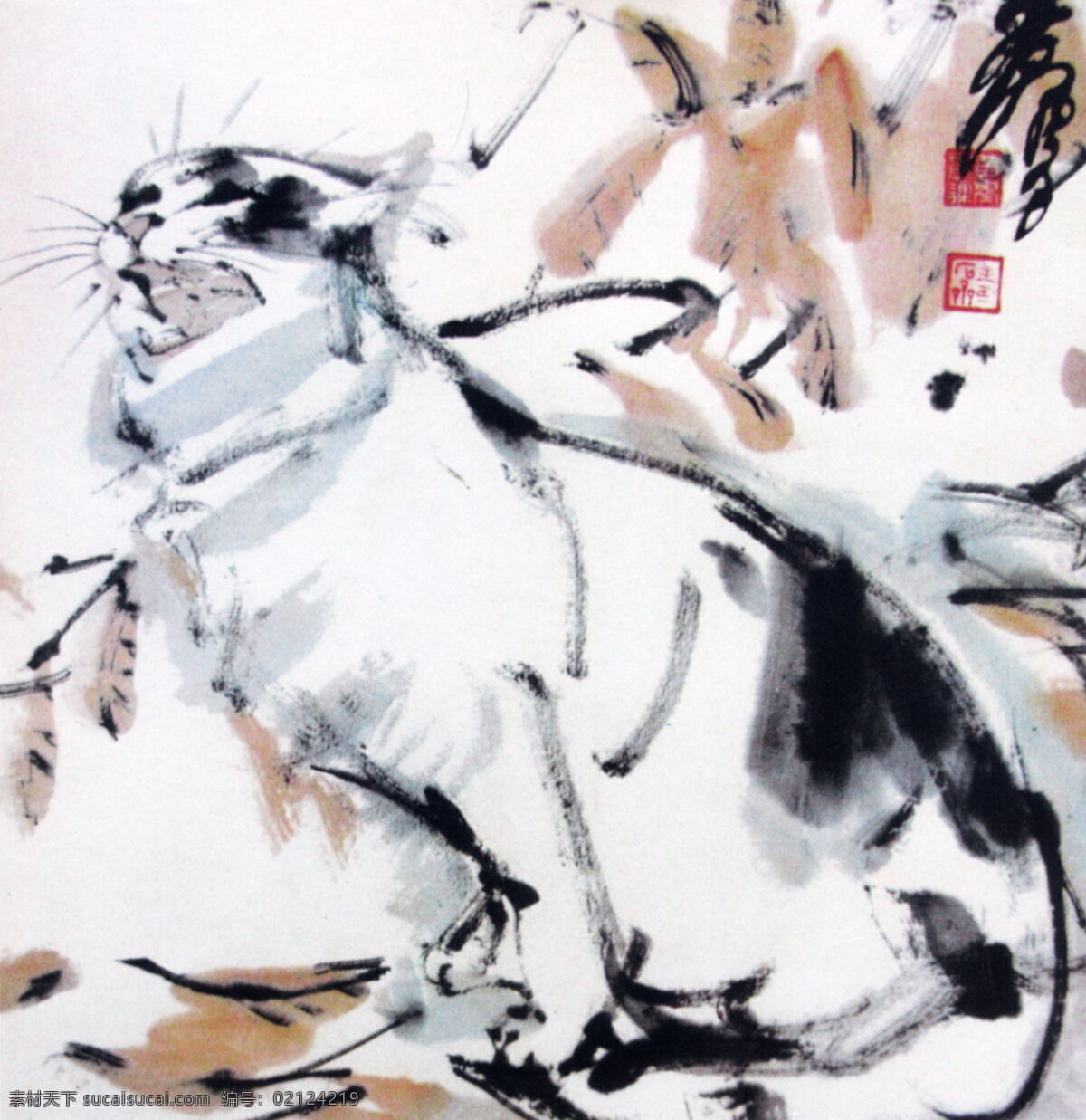 秋叶花猫 黄胄作品 动物国画 动物水墨画 设计素材 动物画篇 中国画篇 书画美术 白色