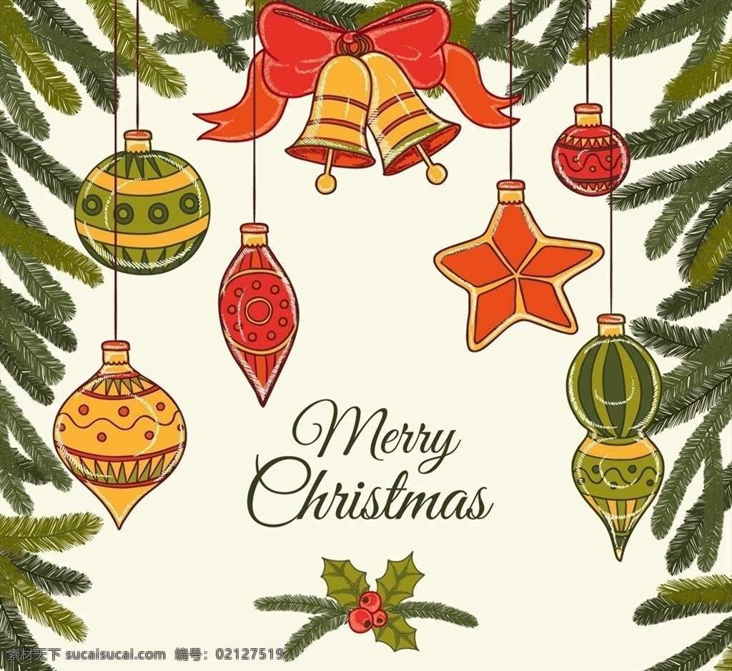彩绘 圣诞 松枝 吊球 贺卡 铃铛 圣诞节 挂饰 枸骨 松树枝 名片卡片