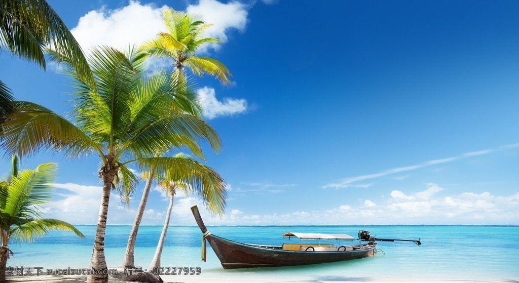 海洋 沙滩 椰子树 游船 沙滩椰子树 船 海滩 蓝天 白云 夏日风景 夏季风景 热带风景 风光 自然风景 自然景观 自然风景系列