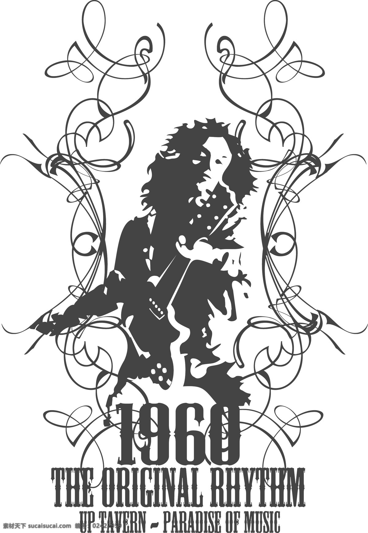 女人 弹 吉他 黑白 剪影 t恤图案 剪影素材 英文字母 卷曲线条 矢量图 矢量人物