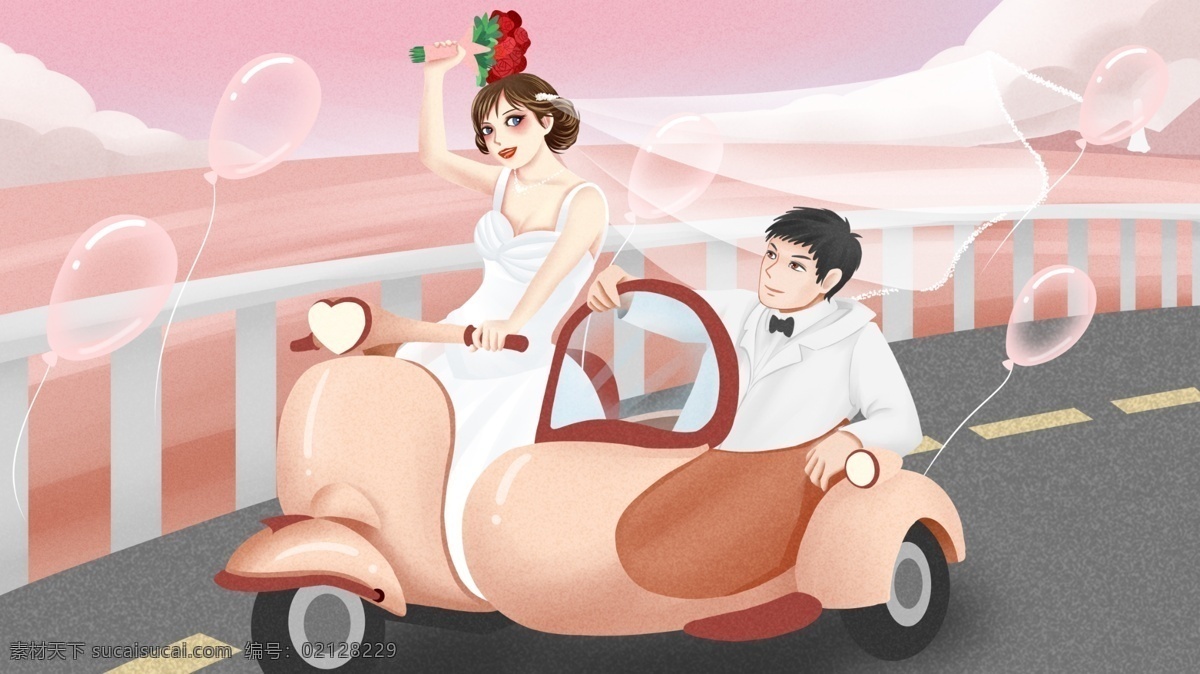温馨 浪漫婚礼 爱琴海 婚礼 婚纱 大海 气球 插画 花车 新娘 新郎 新人 摩托 公路 玫瑰 幸福 快乐