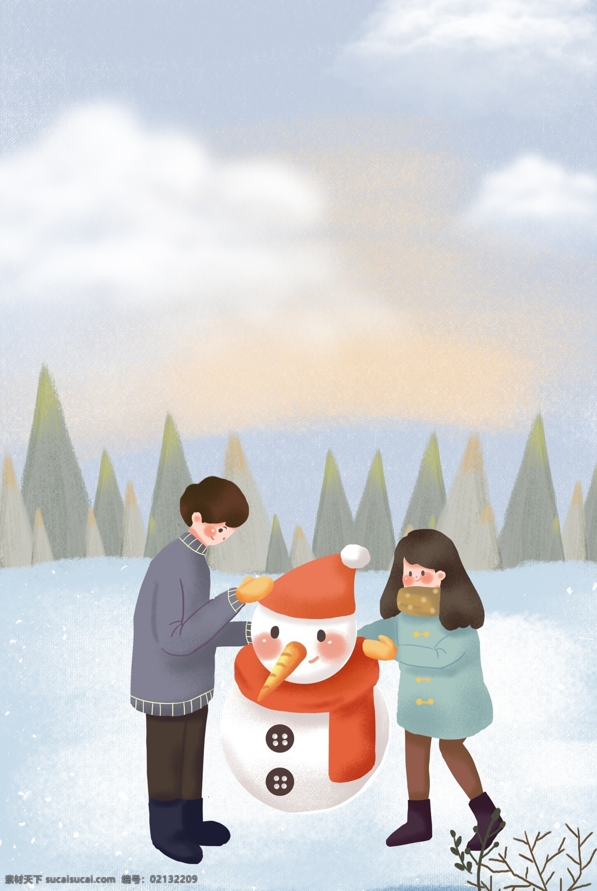 情人节 堆 雪人 温馨 户外 插画 海报 堆雪人 情侣 服装 出行 插画风 促销海报