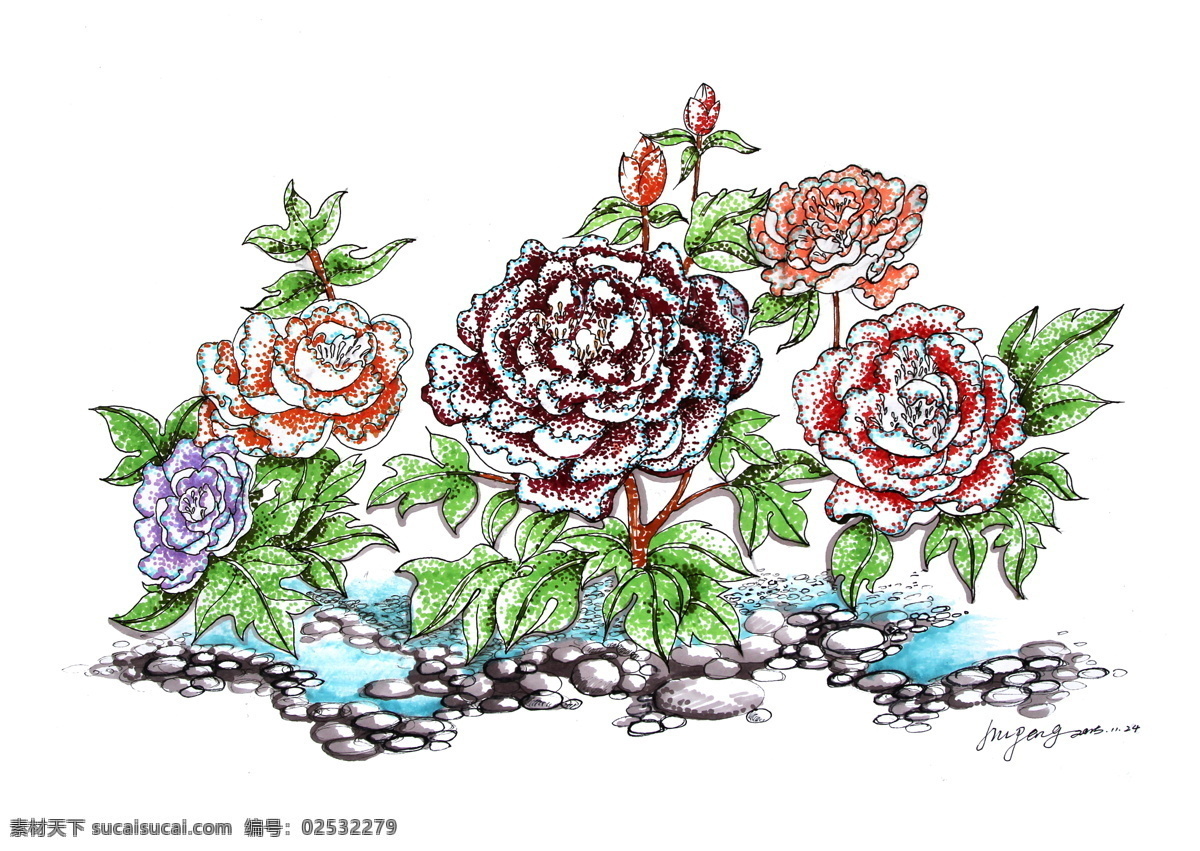 牡丹花 雕塑 组团 景观 手绘 钢笔画 环境设计 景观设计