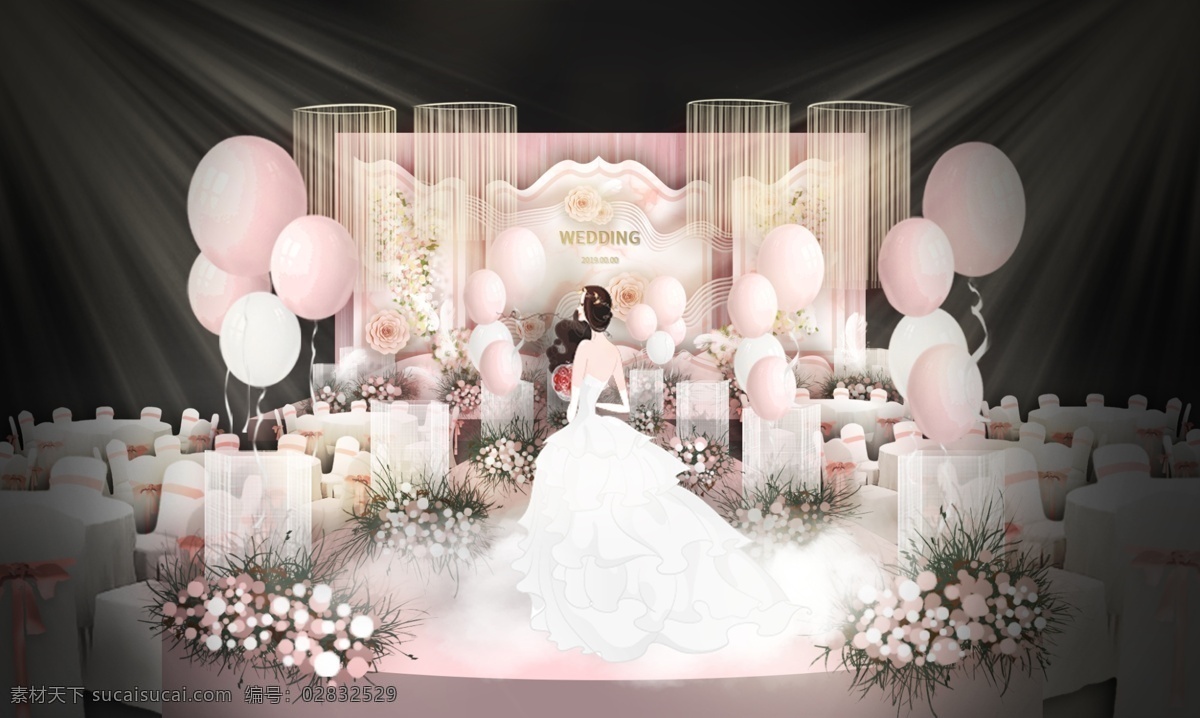 粉色 唯美 浪漫 原创 主 舞台 效果图 粉 流线 造型 婚礼 温馨 气球 波浪 线条 新娘 花艺 桌 花 铁网