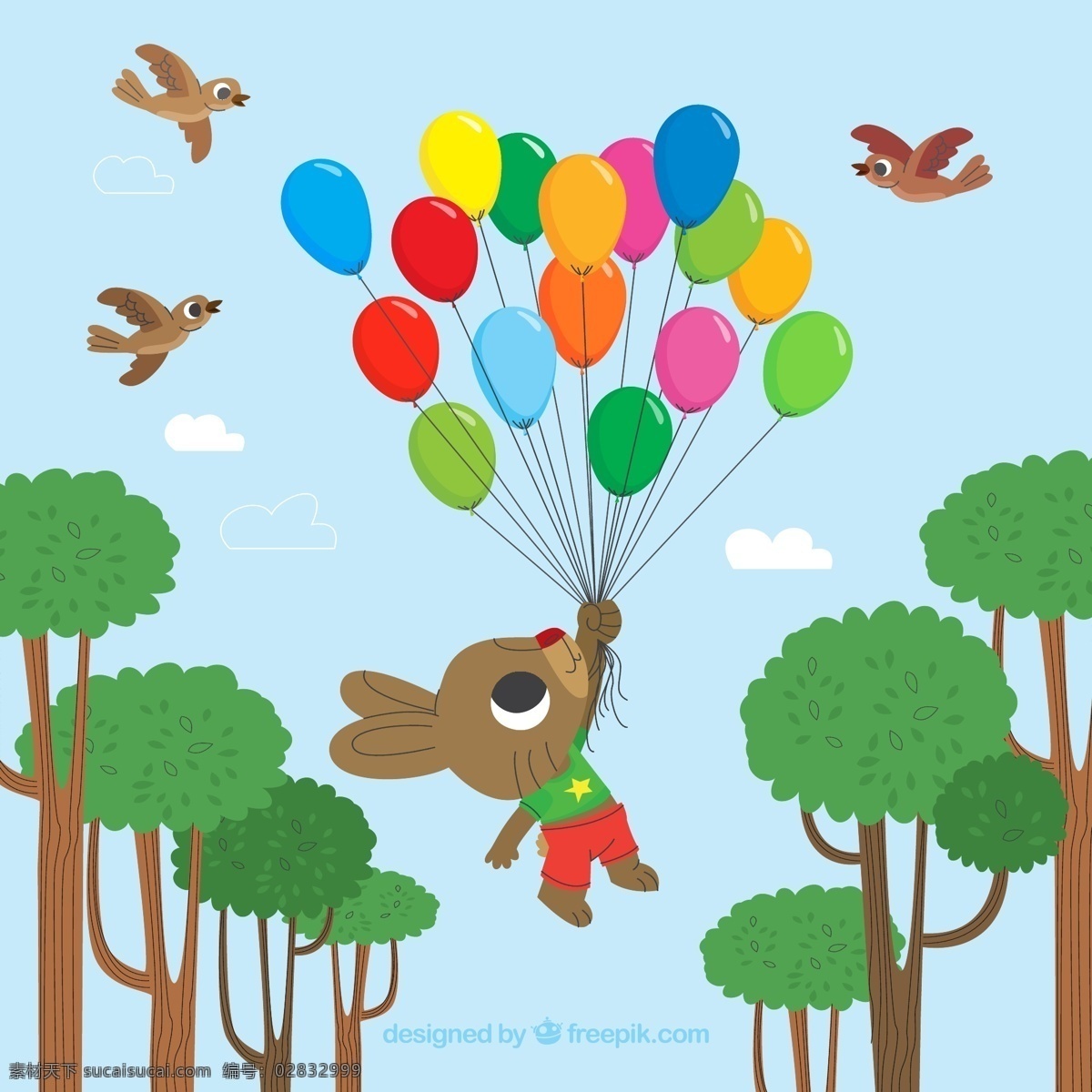 可爱 兔子 气球 束 气球束 树木 云朵 鸟 动物 生物世界 野生动物