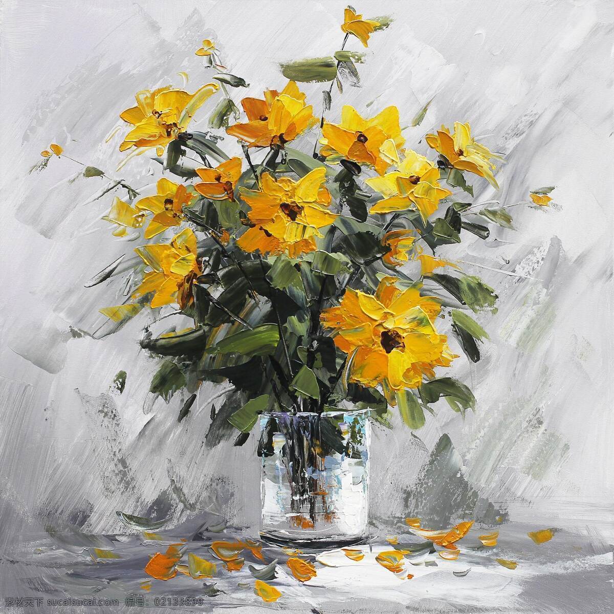 花卉油画 黄色花 花瓶 油画特写 高清油画 写实油画