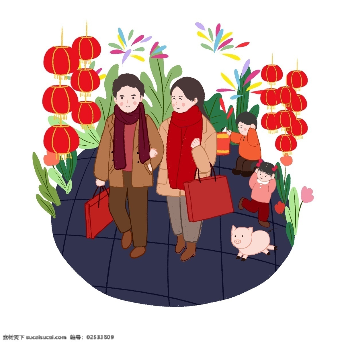 新年 好 卡通 手绘 系列 带 女朋友 回家 过年 大红 灯笼 高高 挂 卡通手绘 新年好 看烟花 2019 猪年 大吉 女友