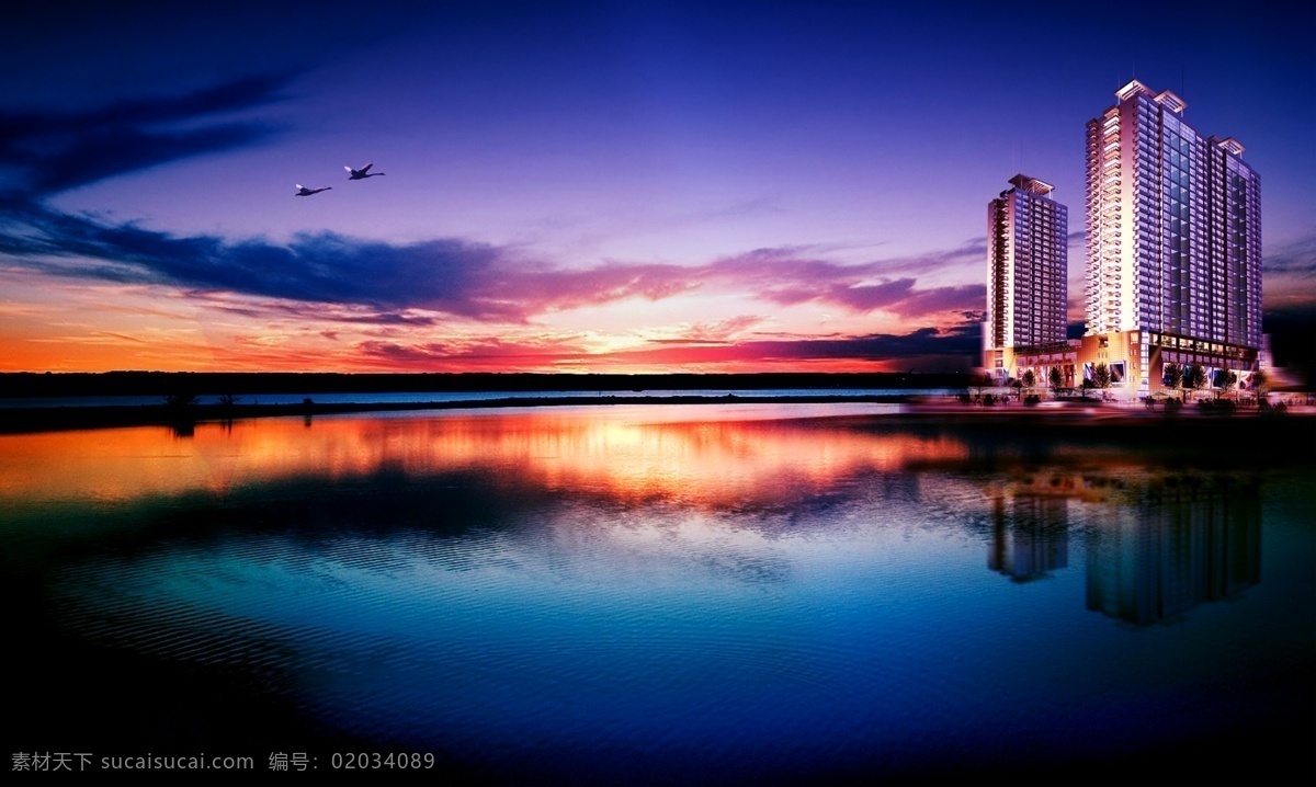 房产海报 风景 傍晚水面 房产 黑色