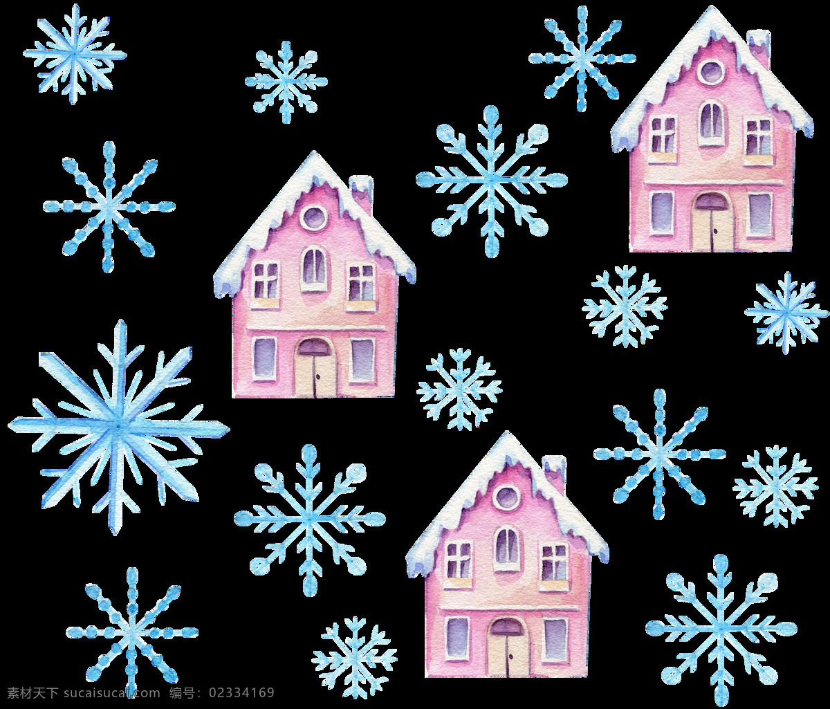 手绘 粉色 小屋 透明 背景 卡通 可爱 免扣素材 圣诞节 水彩 透明素材 下雪 雪花 装饰图案