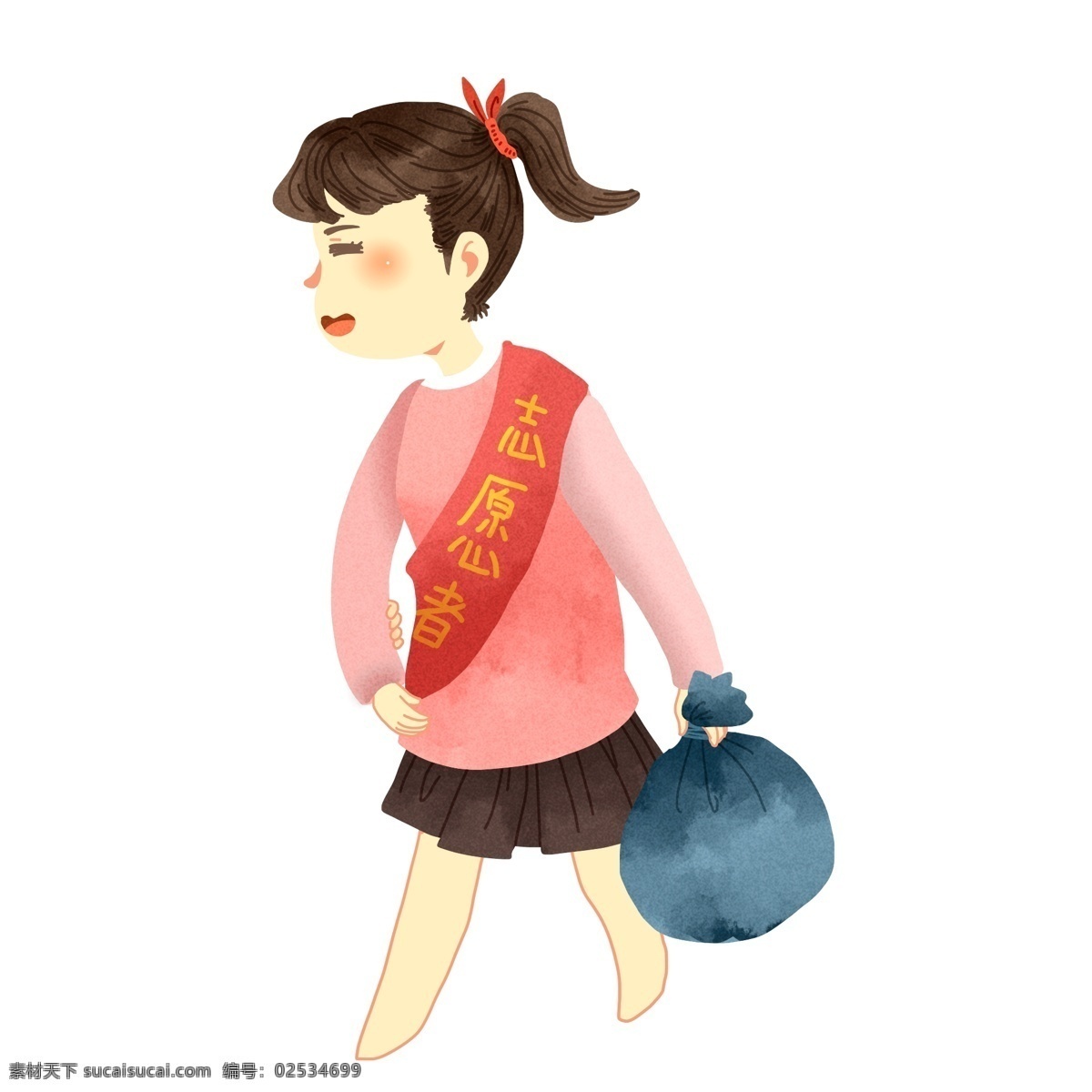 卡通 手绘 提 袋 垃圾 志愿者 女孩儿 清新 插画 人物 女孩 女生 环保 垃圾袋 可爱 马尾 少女