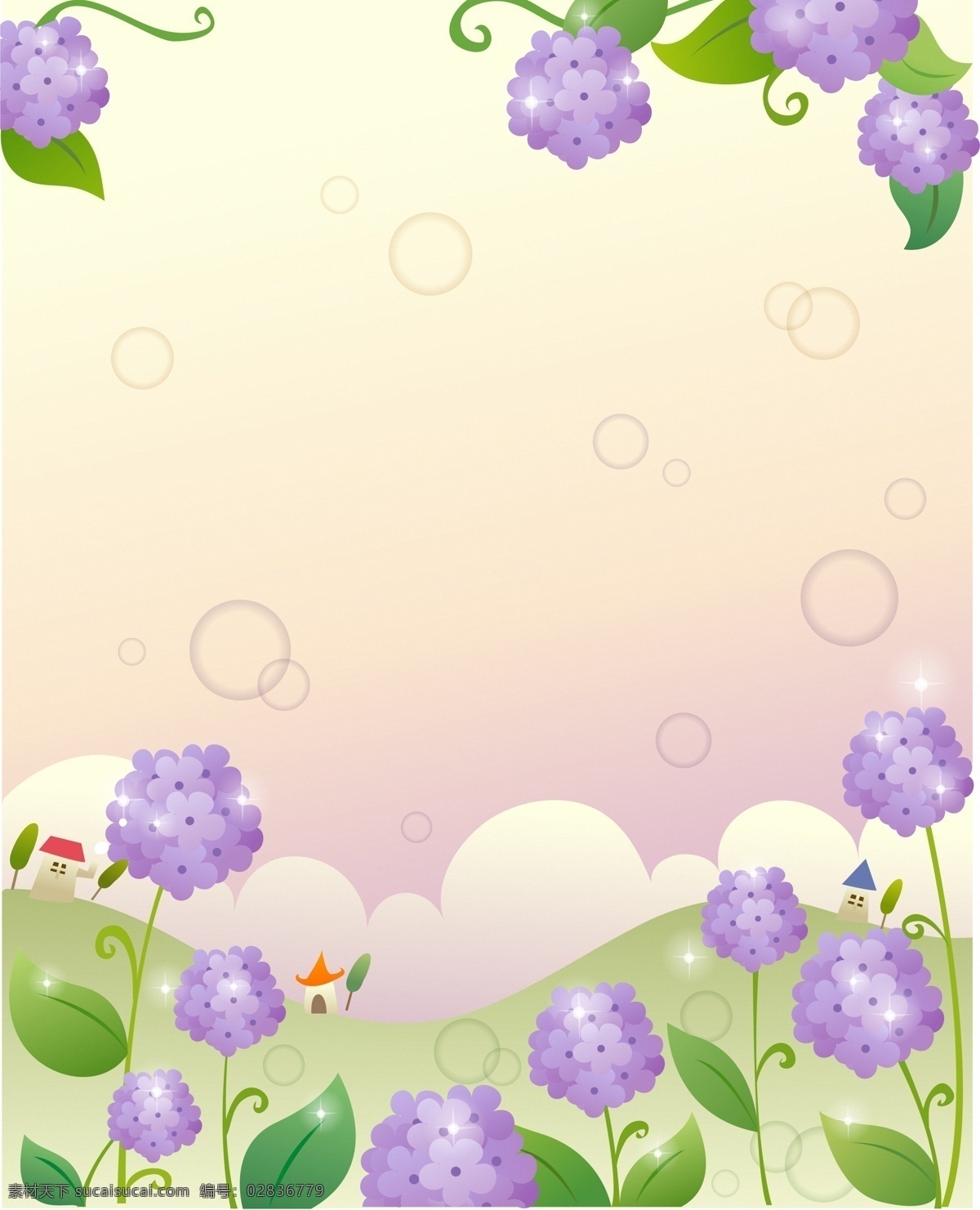 卡通 梦幻 背景 素材图片 房子 云 卡通背景 插画 手绘 花朵 鲜花 植物 叶子 花草树木 梦幻背景 底纹背景 生物世界