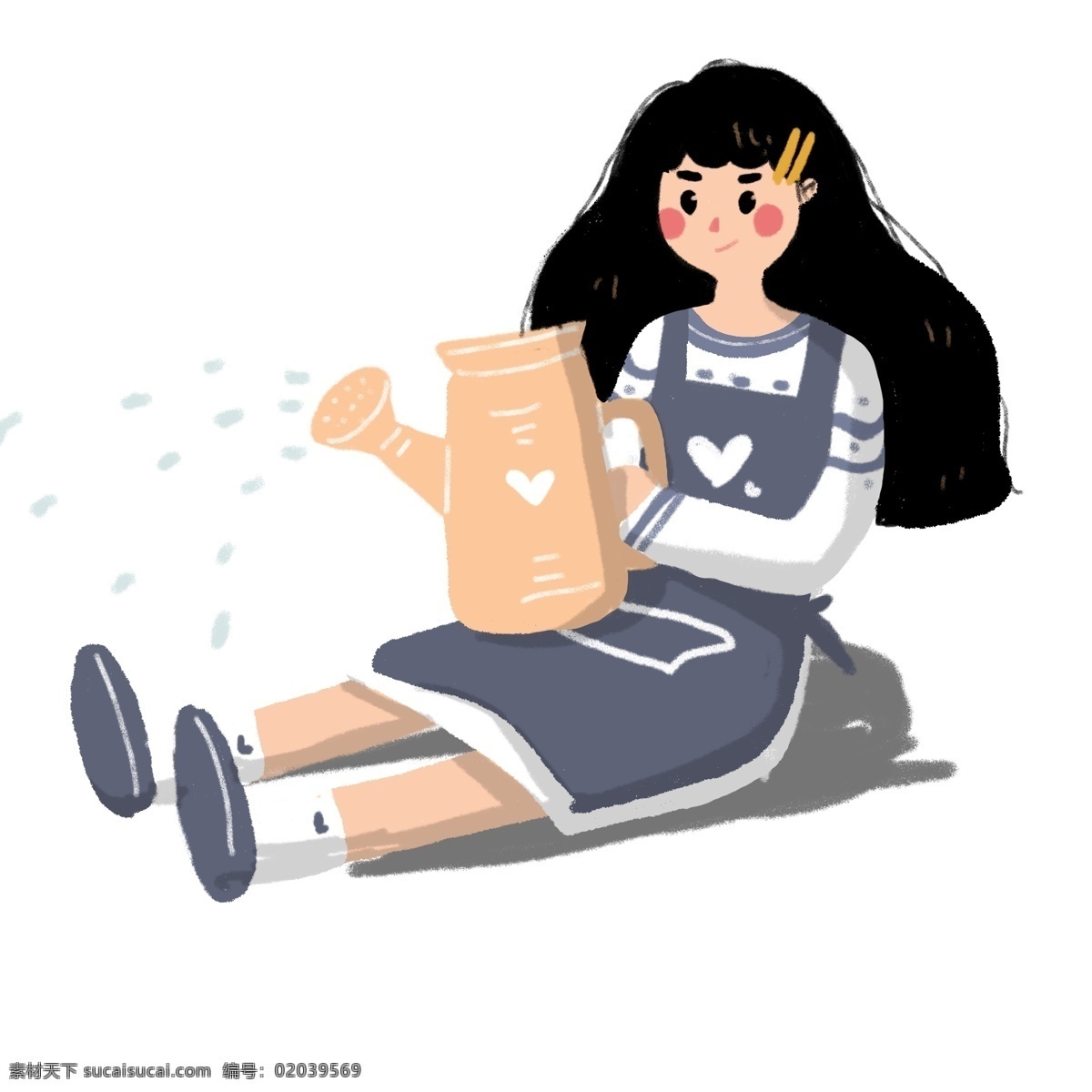 复古 手绘 花洒 女孩子 复古肌理 卡通 清新 女孩 人物 浇花