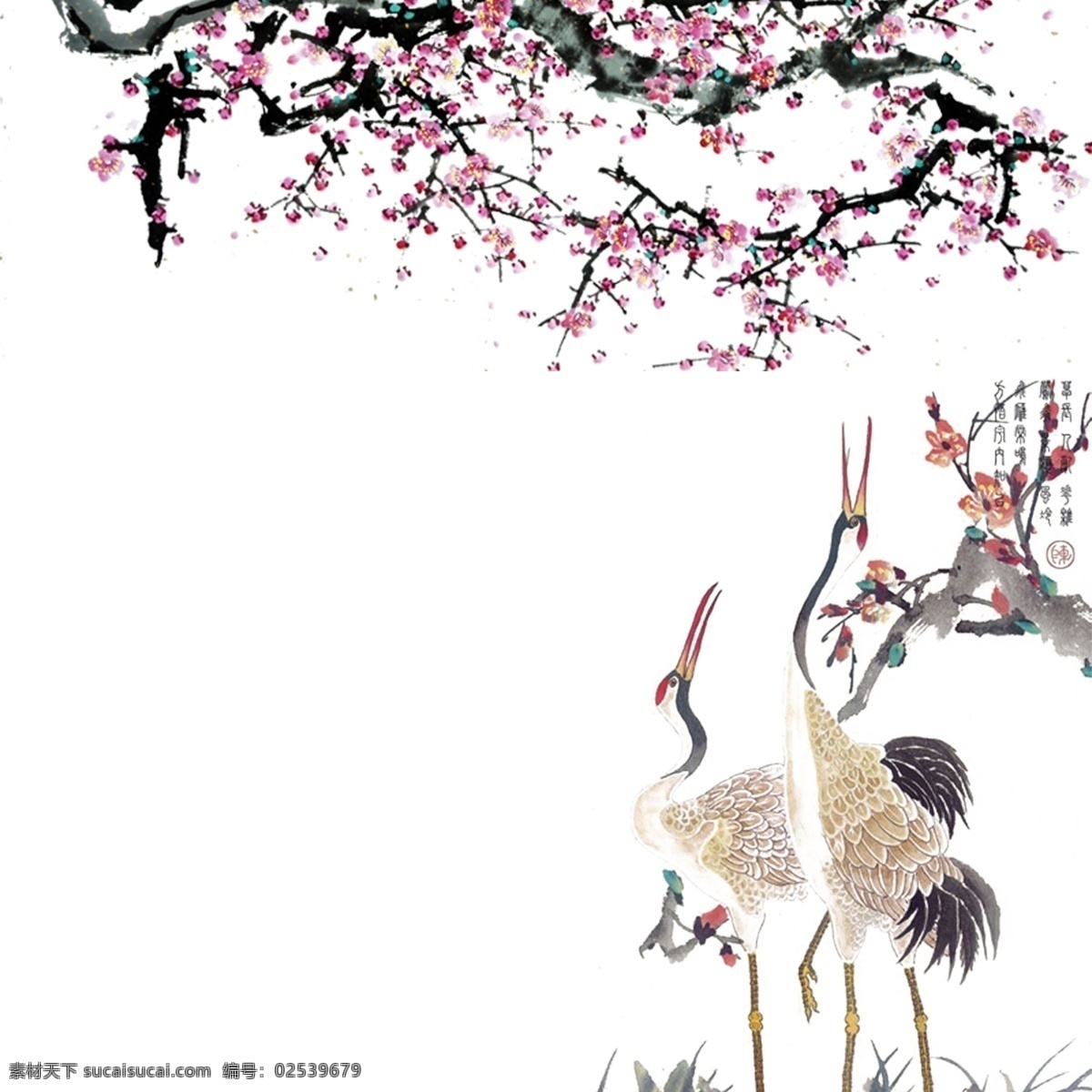 水墨 桃花 下 丹顶鹤 元素 中国风 水墨画 花鸟画 水墨桃花 封面装饰