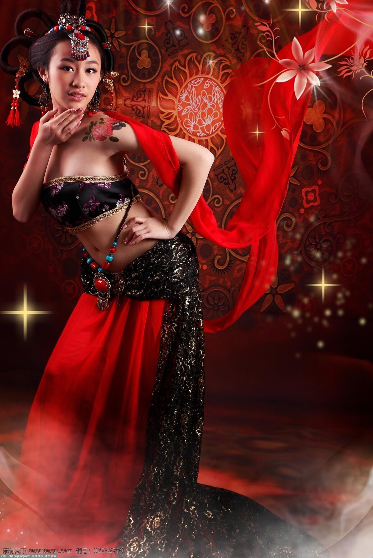 中国古典美女 古典美女图片 红色丝绸 古风美女 复古美女 性感 人物写真 人物图库
