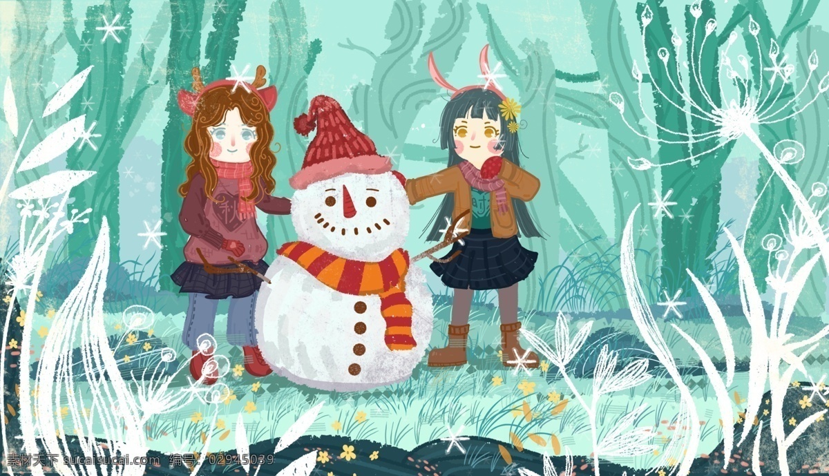 唯美 小 清新 初冬 堆 雪人 少女 植物 风景 游戏 可爱 立冬 大雪 小雪 树 玩耍 女孩 帽子 手套 围巾 友情