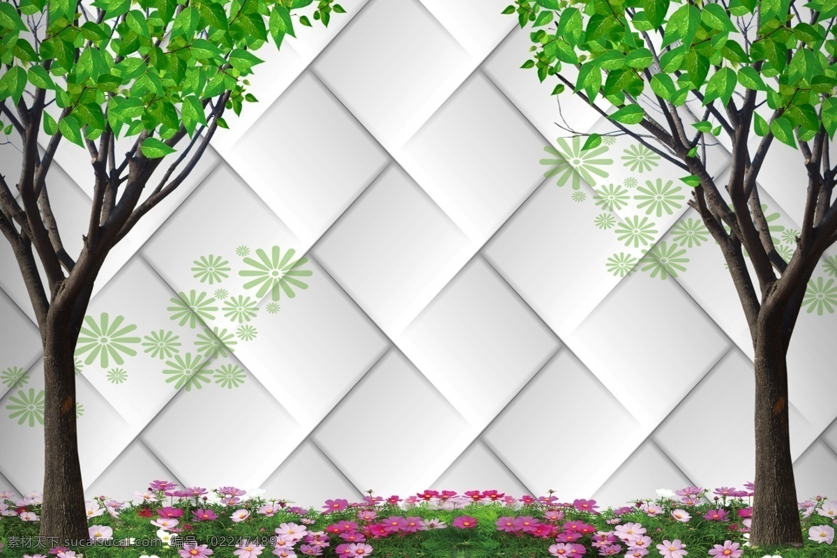 背景墙 3d 绿树 小花 原创设计 原创装饰设计