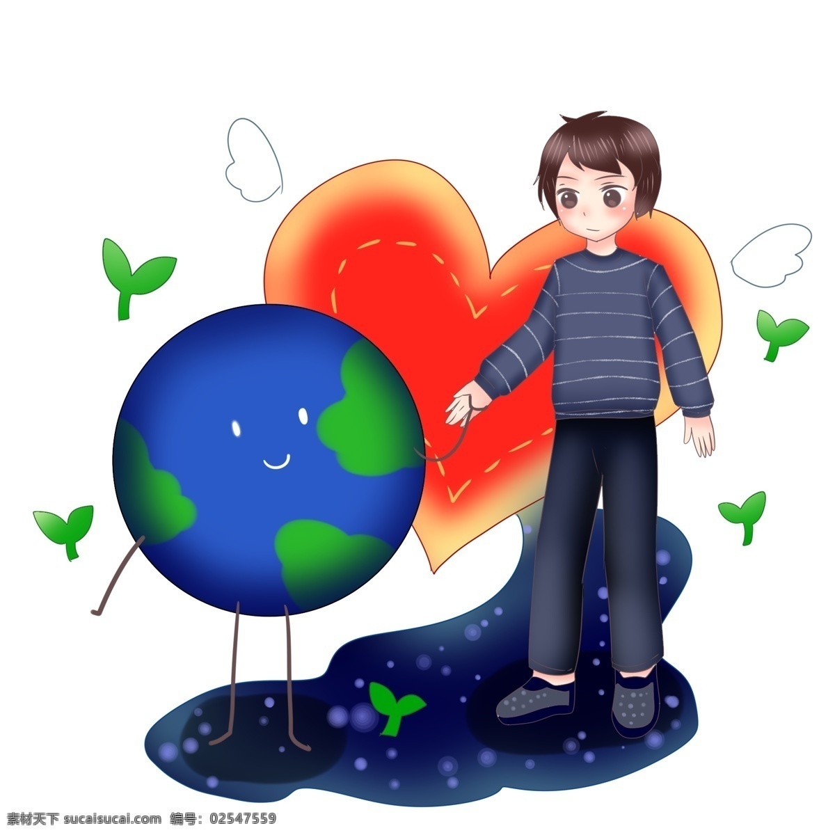 地球 共舞 小 男孩 小时 插画 绿色的地球 红色的爱心 绿色的叶子 植物装饰