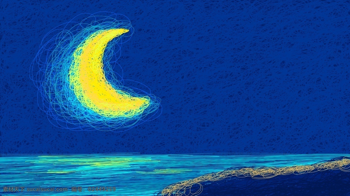 线圈 海上 明月 晚安 背景 月亮 蓝色 海报背景 背景素材 清新背景 海上明月 线圈画 线圈艺术 banner 创意 创意背景 彩绘素材 手绘