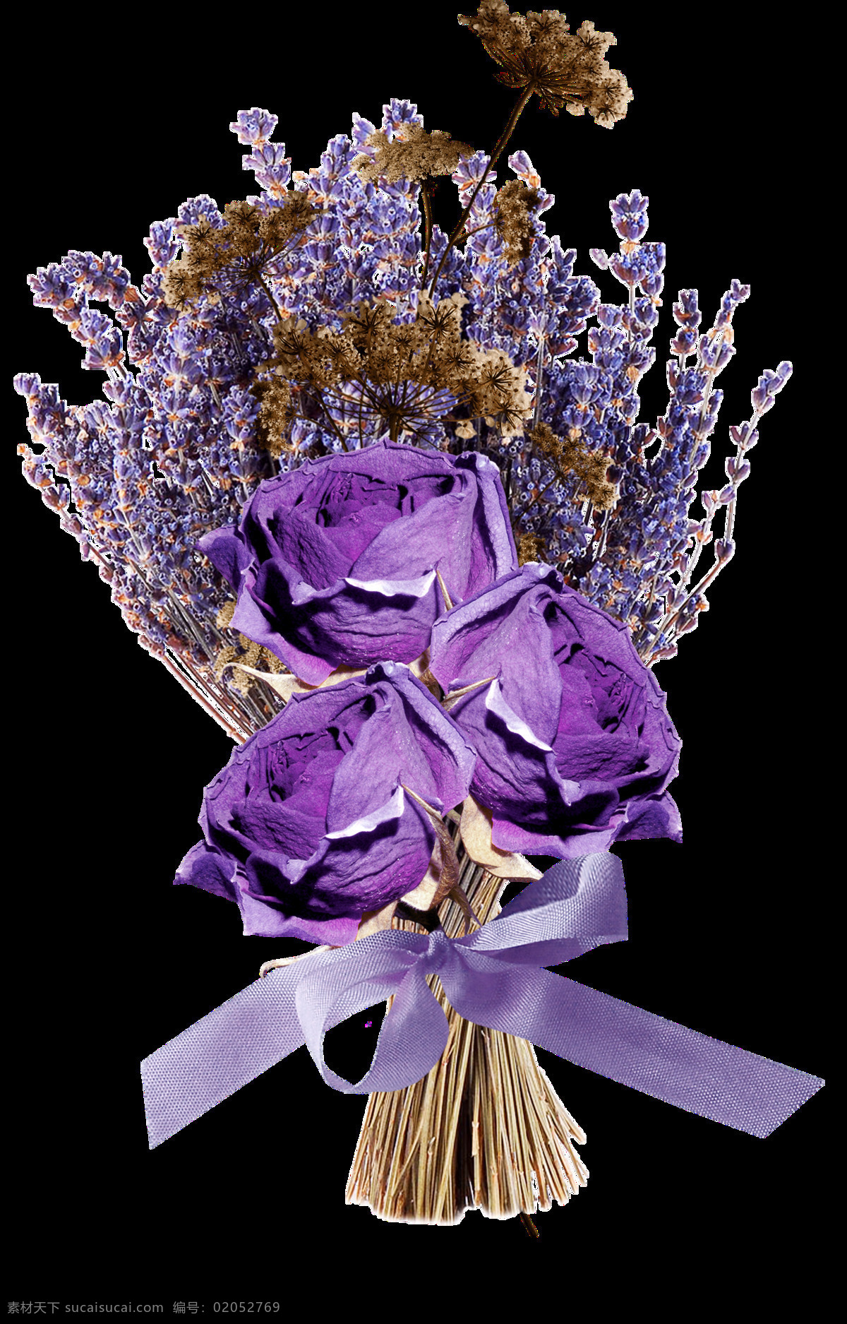 简单 彩绘 紫色 干花 花束 透明 玫瑰 丝带 花茎 满天星 透明素材 免扣素材 装饰图片