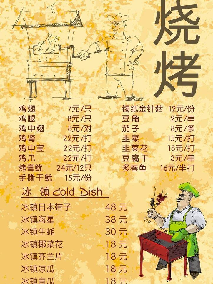 烧烤 菜单 餐饮美食 烧烤菜单 生活百科 矢量 模板下载 烧烤人 黄底菜单 a4菜单 画册 菜谱 封面