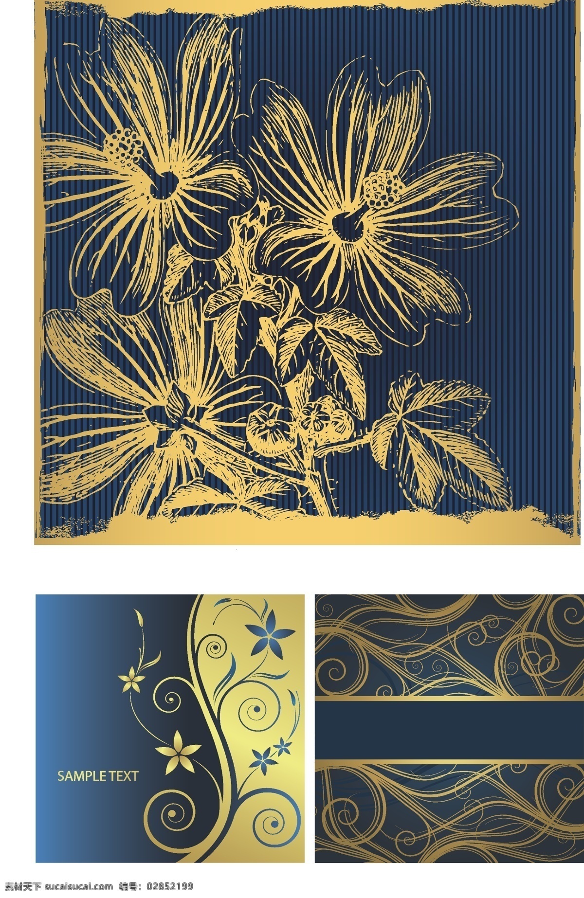金色 蓝 底 花纹 背景 矢量 底纹 花卉 线描 矢量图 其他矢量图