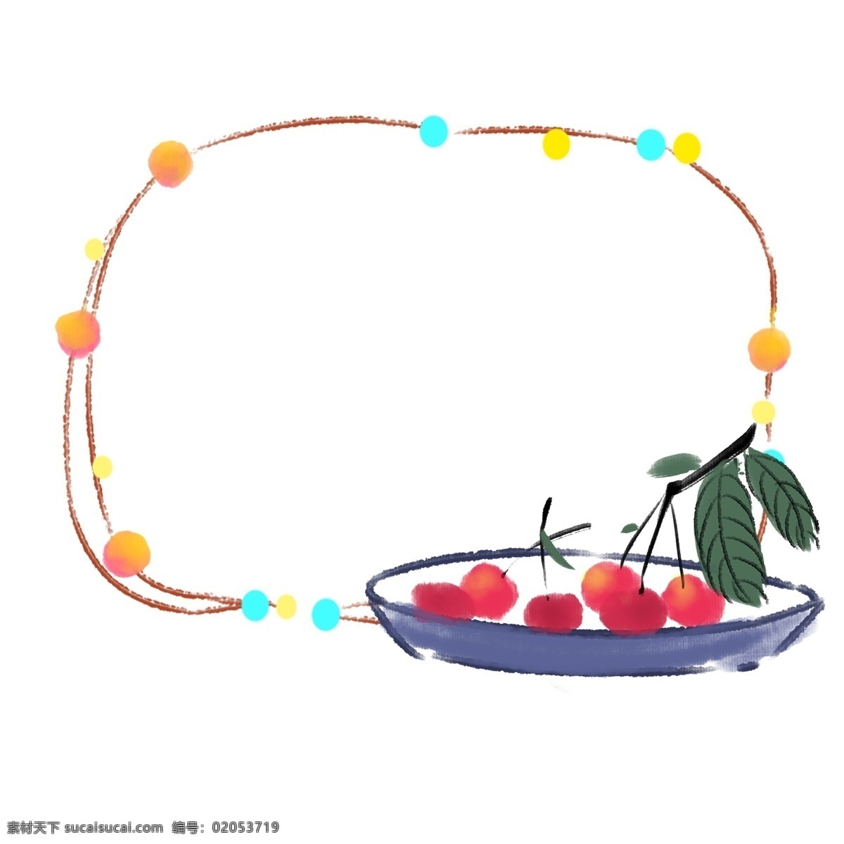 盘 新鲜 水果 装饰 边框 彩色 圆 一盘水果边框 红色水果 绿色叶子 不规则 立夏 插画