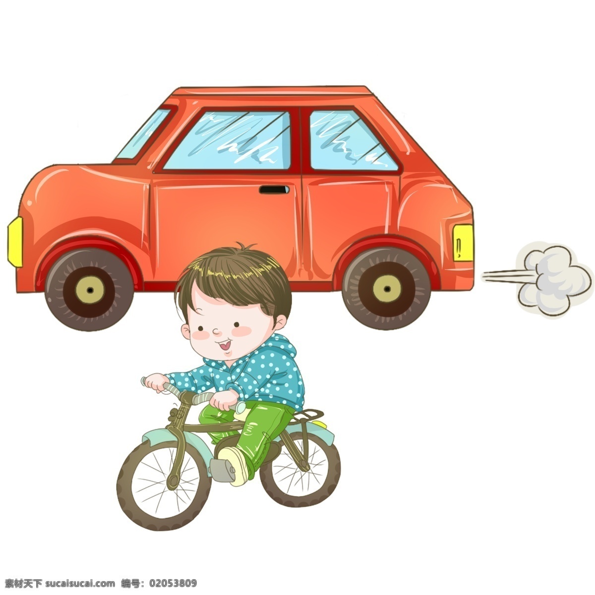 骑 自行车 小 男孩 文明出行 交通安全 交通规则 红色的汽车 白色的尾气 污染