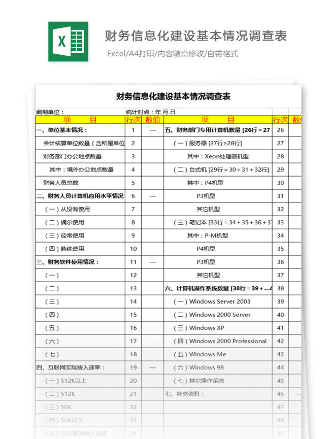 财务 信息化 建设 基本情况 调查 excel 模板 表格模板 图表 表格设计 表格 公司 工资表 业务 薪酬 财务报表 人力资源 福利 工资 工资条 人事报表 行业表格