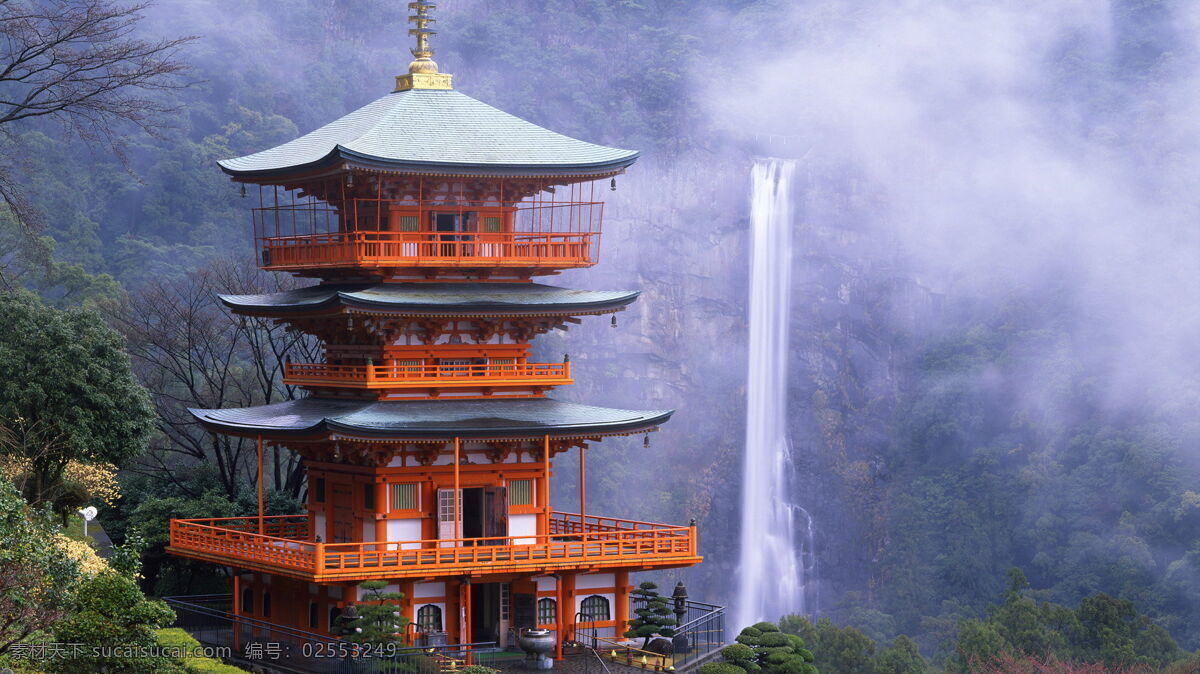 亭子 瀑布 高清 山间 树林 仙境