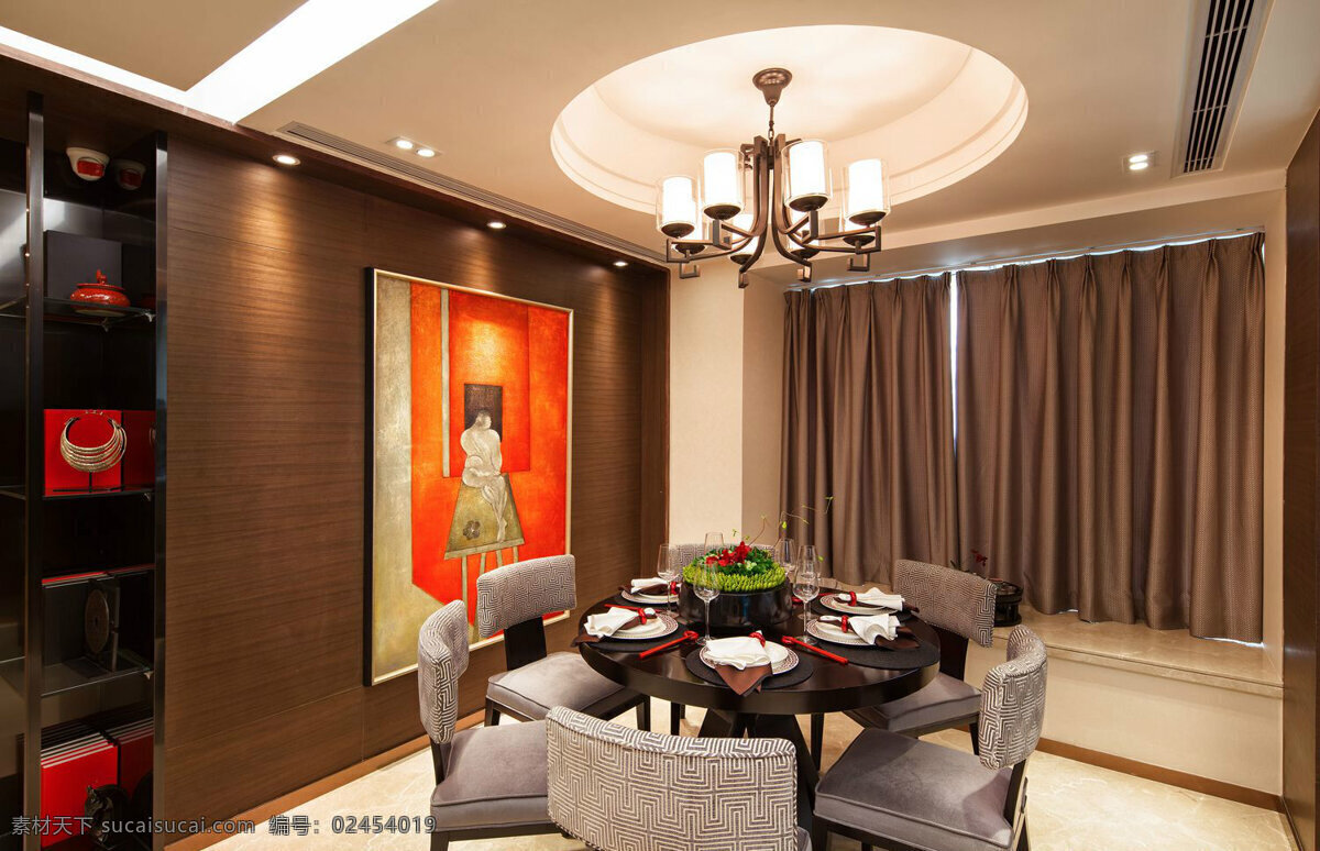 现代 时尚 客厅 浅 灰色 餐椅 室内装修 效果图 白色地板 深褐色窗帘 黑色餐桌 灰色椅子