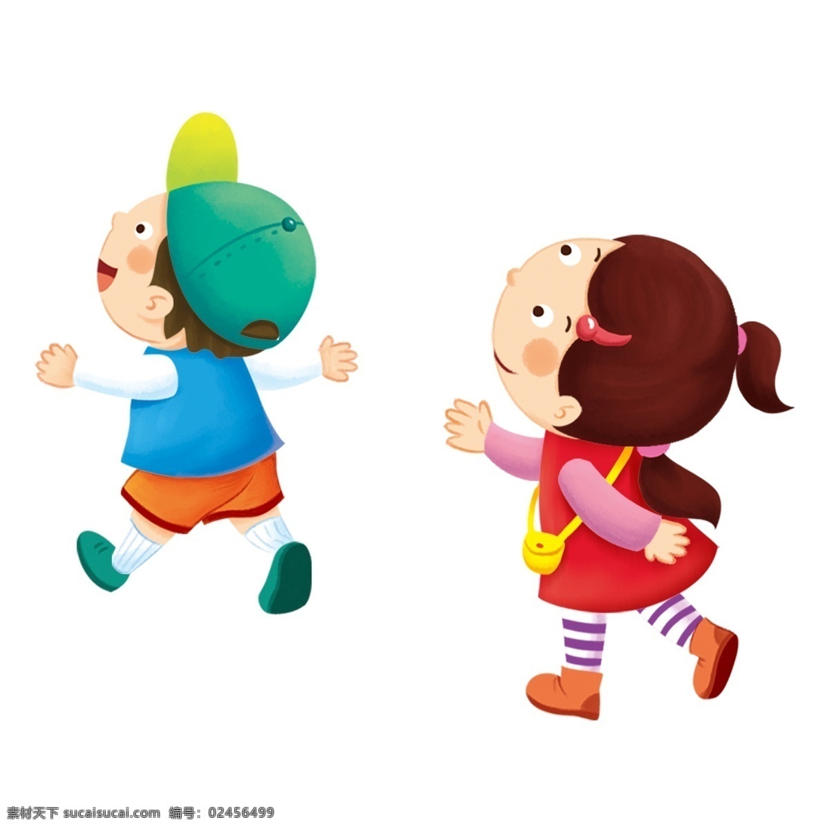 卡通 手绘 两个 可爱 小朋友 插画 小孩 人物 学生 男孩 女孩