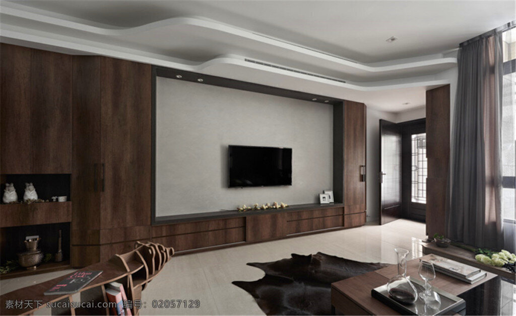 室内 客厅 中式 复古 装修 效果图 白色吊顶 黑色地板 精美照片墙 实木电视柜 座椅