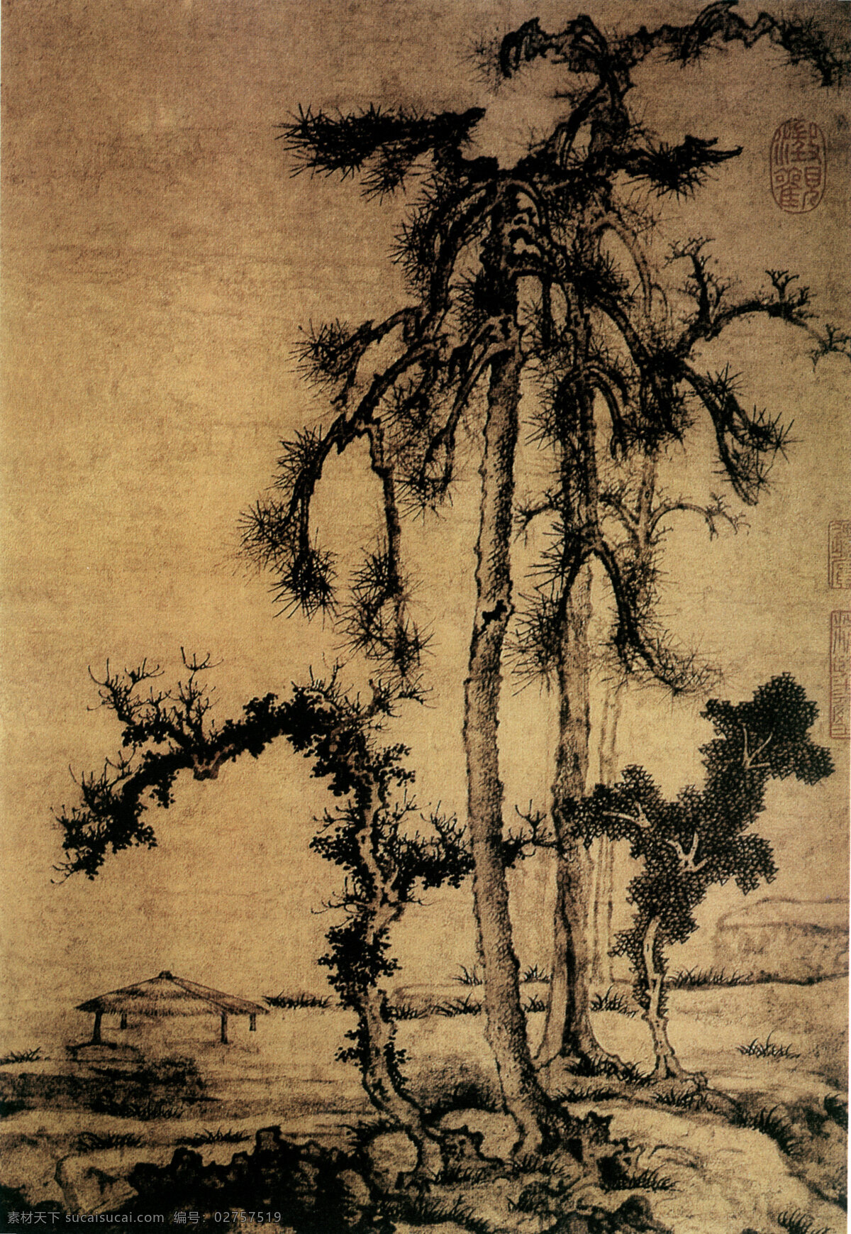 松树 茅草屋 风景 古典 古画 国画 绘画 山水 山水画 峡谷 中国画 中华传世国画 中国画艺术 幽谷 装饰素材 室内装饰用图