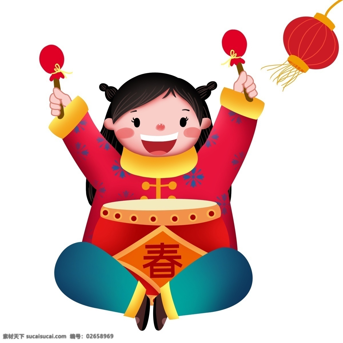 新年 锣鼓 小女孩 新年人物插画 红色的灯笼 红色的锣鼓 红色的鼓槌 黄色 灯笼 吊 穗