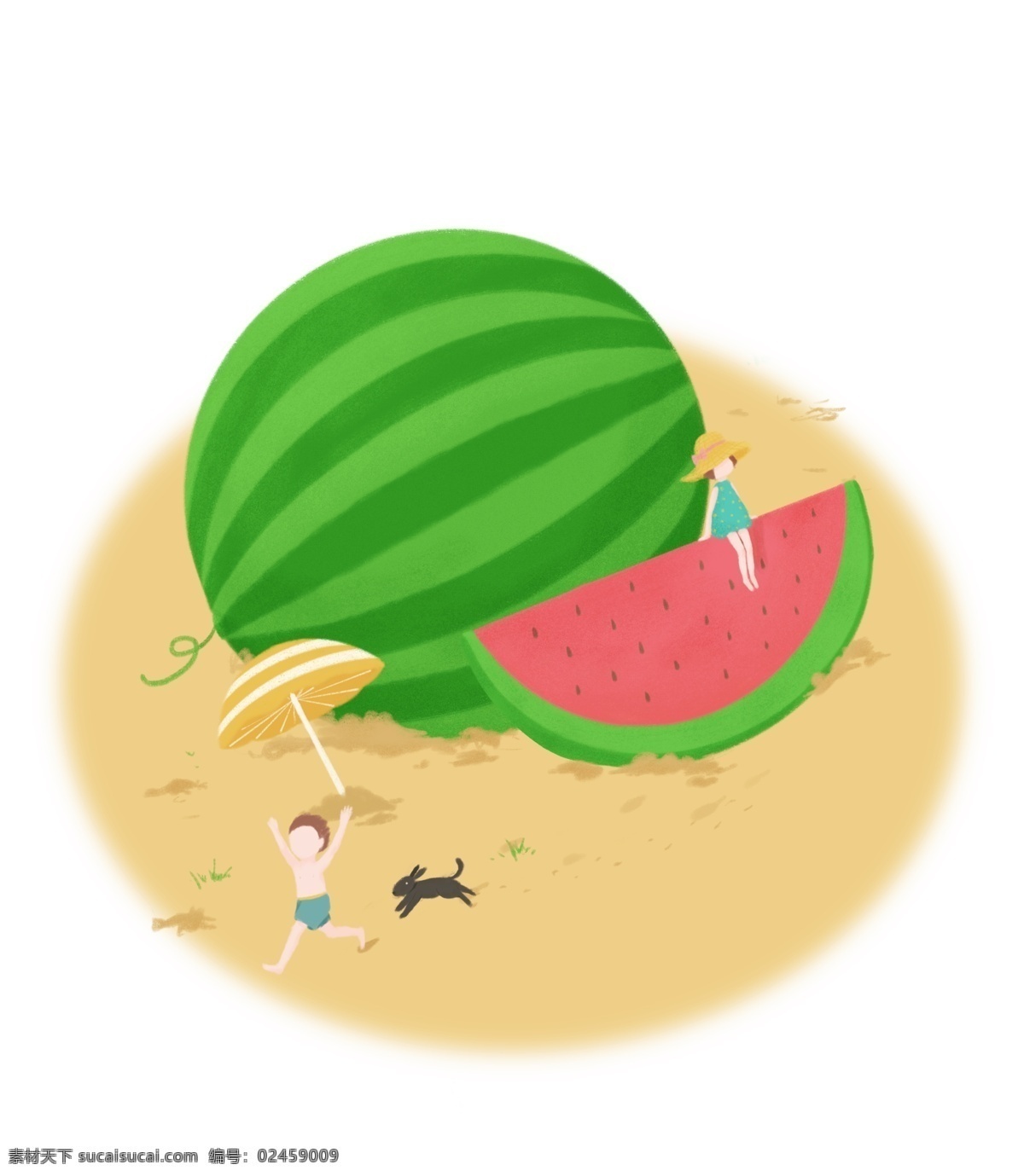 夏天 创意 手绘 沙滩 西瓜 元素 小孩 玩耍 开心