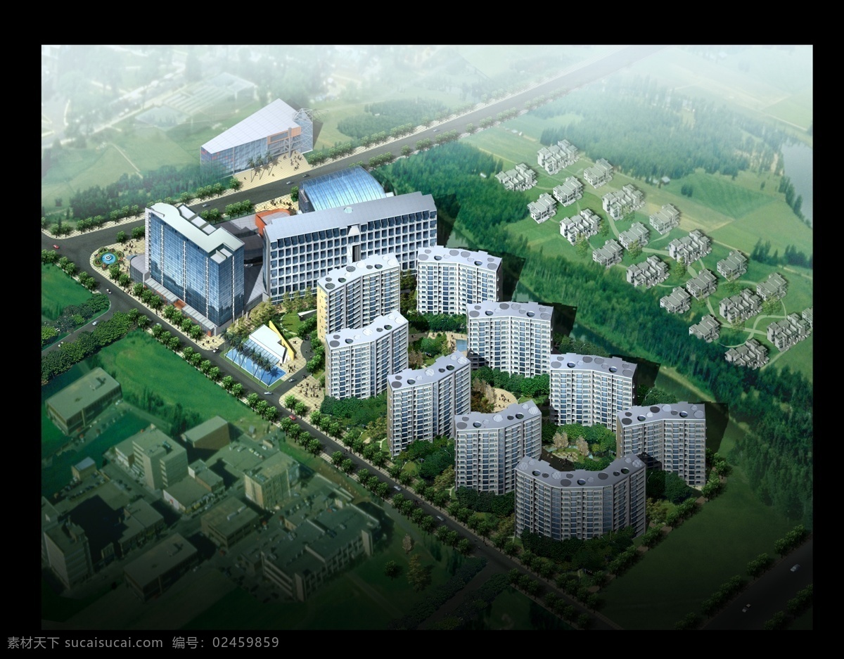 建筑 景观 效果图 建筑景观 小区景观 3d设计 后期处理 房地产 建筑设计 环境设计 后期贴图素材 办公楼效果图 体育馆 广场 鸟瞰图 源文件 黑色
