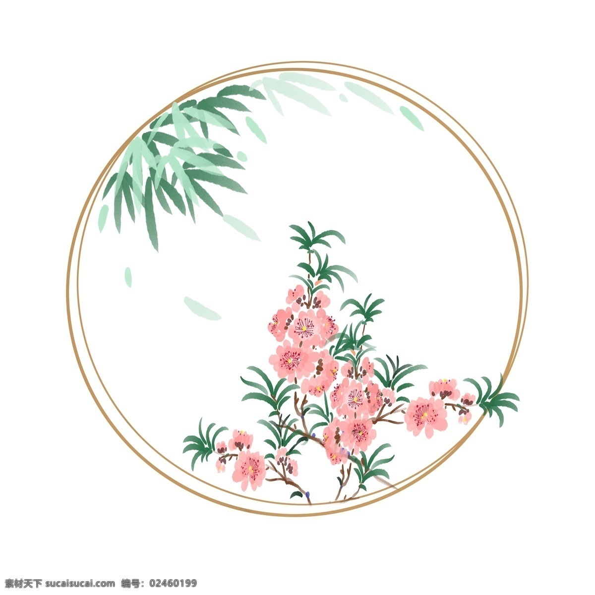 卡通 手绘 粉色 鲜花 边框 植物 花瓣 竹子 框架 构架 圆形 草本 竹叶 泥土 土培 鲜艳 艳丽