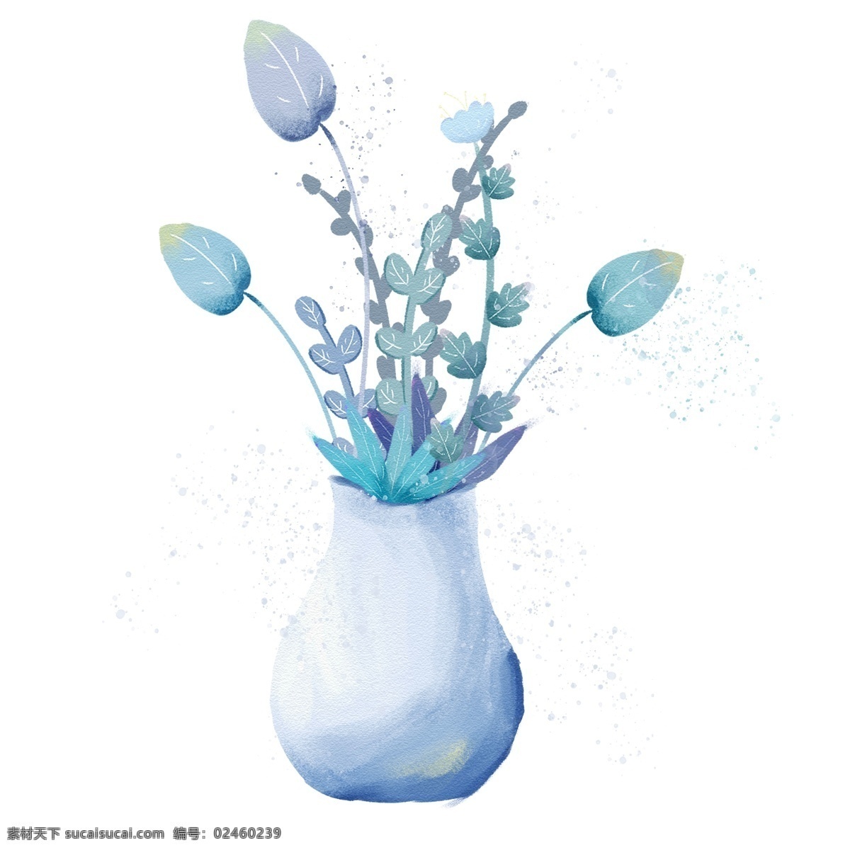 冷 蓝色 水彩 风 多种 植物 花草 盆栽 商用 元素 插画 清新 可爱 绿色 搭配 插画风格 自然 花草树木 花盆 小清新 甜美 冷色 多彩