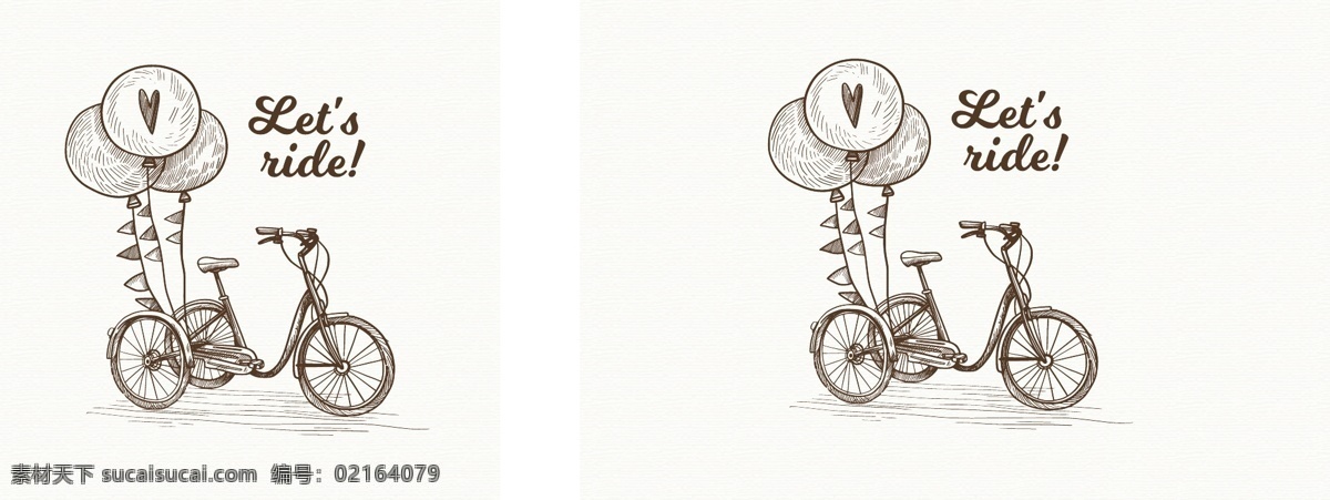 手绘 老式 自行车 气球 卡通 素描 爱情 矢量