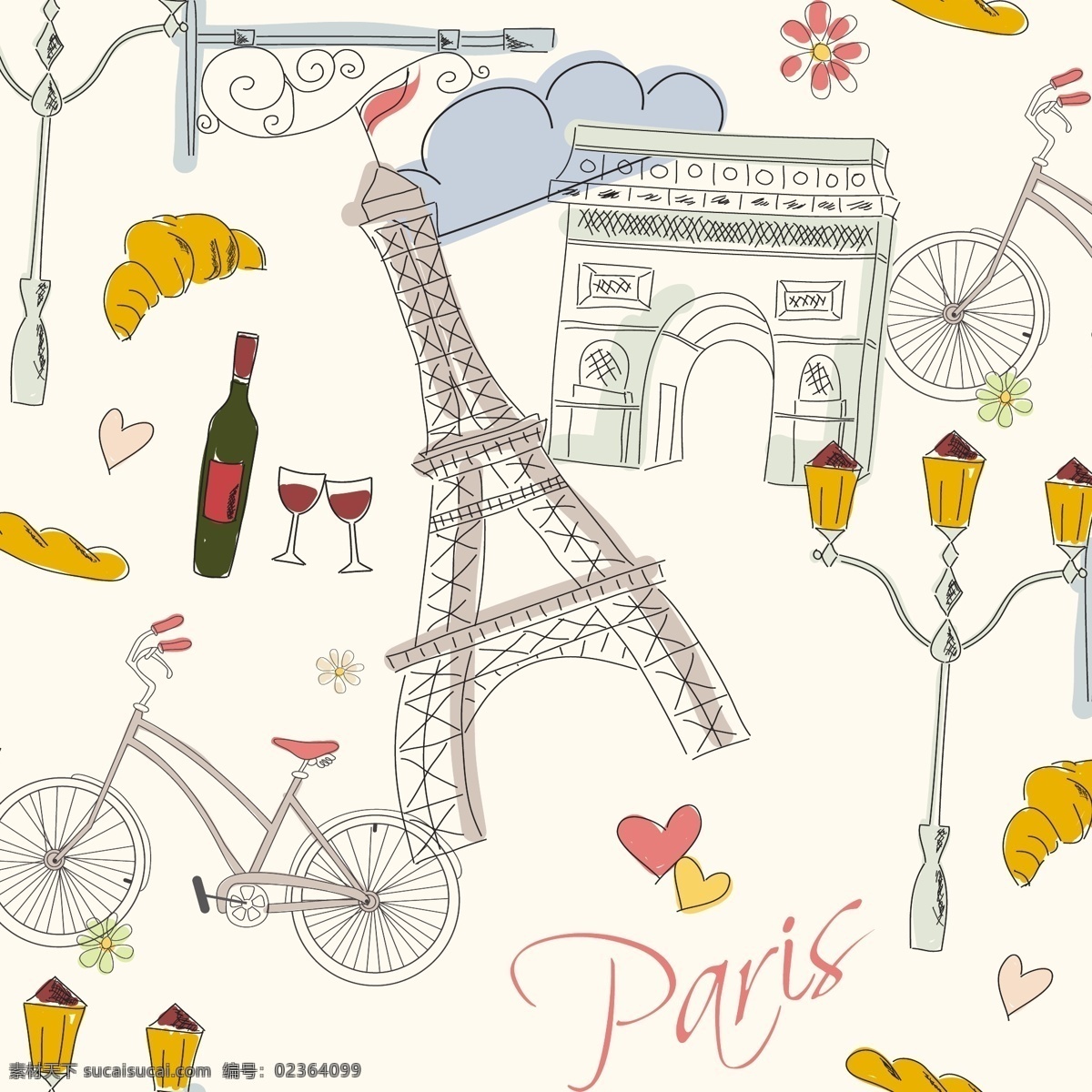 手绘巴黎素材 手绘巴黎 埃菲尔铁塔 自行车 白色