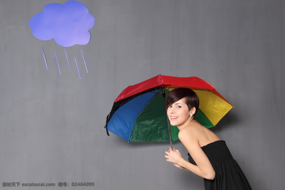 卡通 云朵 下 撑伞 美女图片 卡通云朵 撑伞的美女 彩色伞 黑色裙子 外国人 人物 人物图片